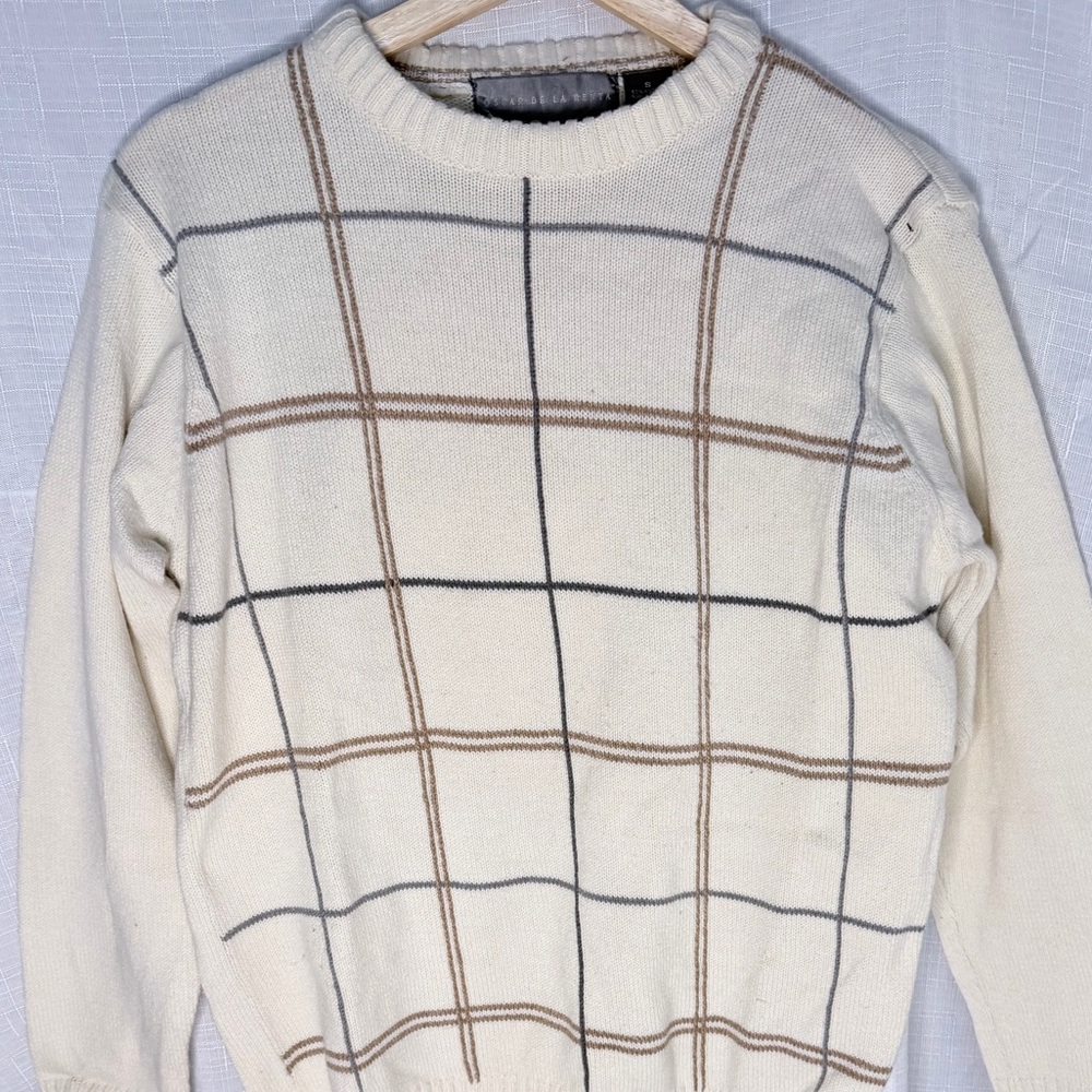 Oscar De La Renta Men's Cream Checkered Sweater Size Small